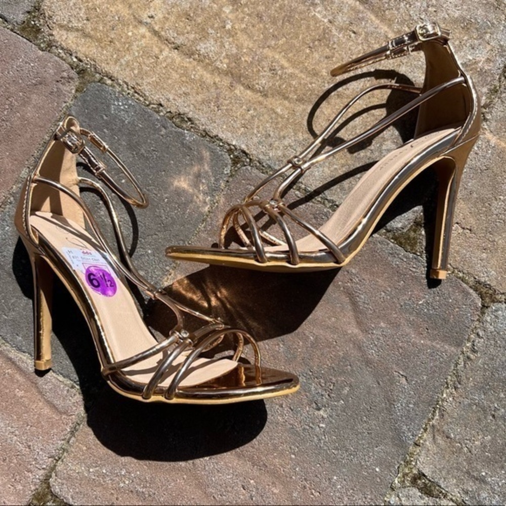 Forever Rose Gold Stiletto Strappy Sandals Rhinestone Bling New Size 6.5